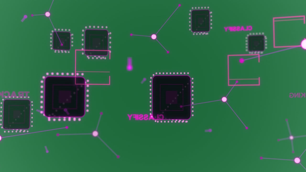 Hub luminoso che si accende, rete magenta che fluttua, collegando e visualizzando dati su uno sfondo trasparente.