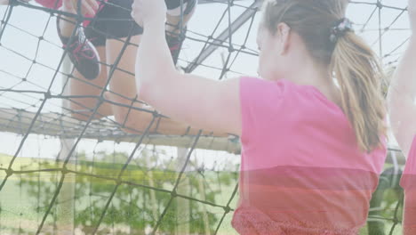 climbing rope net, children outdoors with animation of grassy landscape overlay