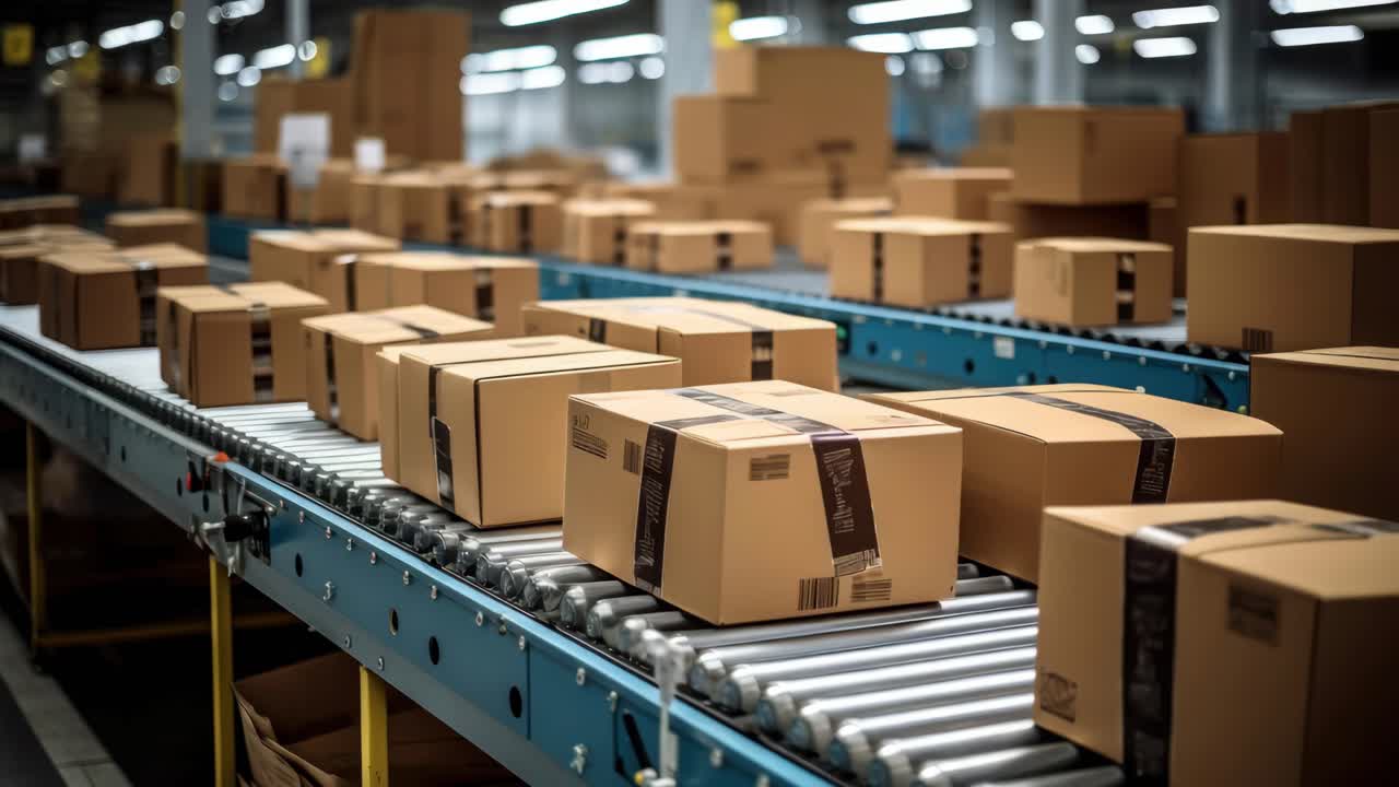 A dynamic video showcasing a factory setting with a low-angle view of cardboard boxes on a conveyor