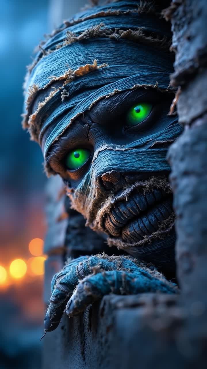 A close up of a person with green eyes peeking out of a wall