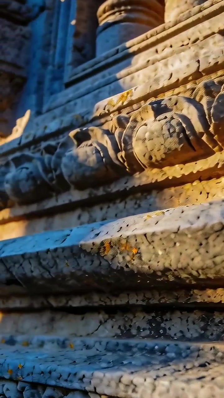 Video verticale: Operatore che panoramica una cornice intagliata e balaustre sulla facciata per mostrare crepe e licheni