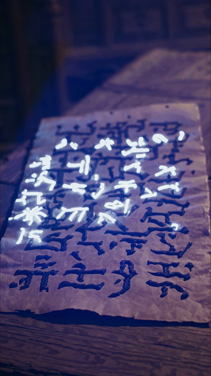 Close-up of a glowing, ancient script on parchment, captured at an oblique angle