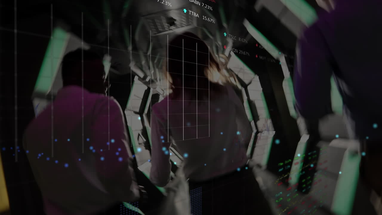 animación de puntos brillantes y procesamiento de datos sobre personas de negocios corriendo en movimiento rápido