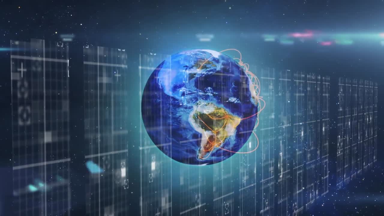 Animation of data processing, lights and globe in navy space