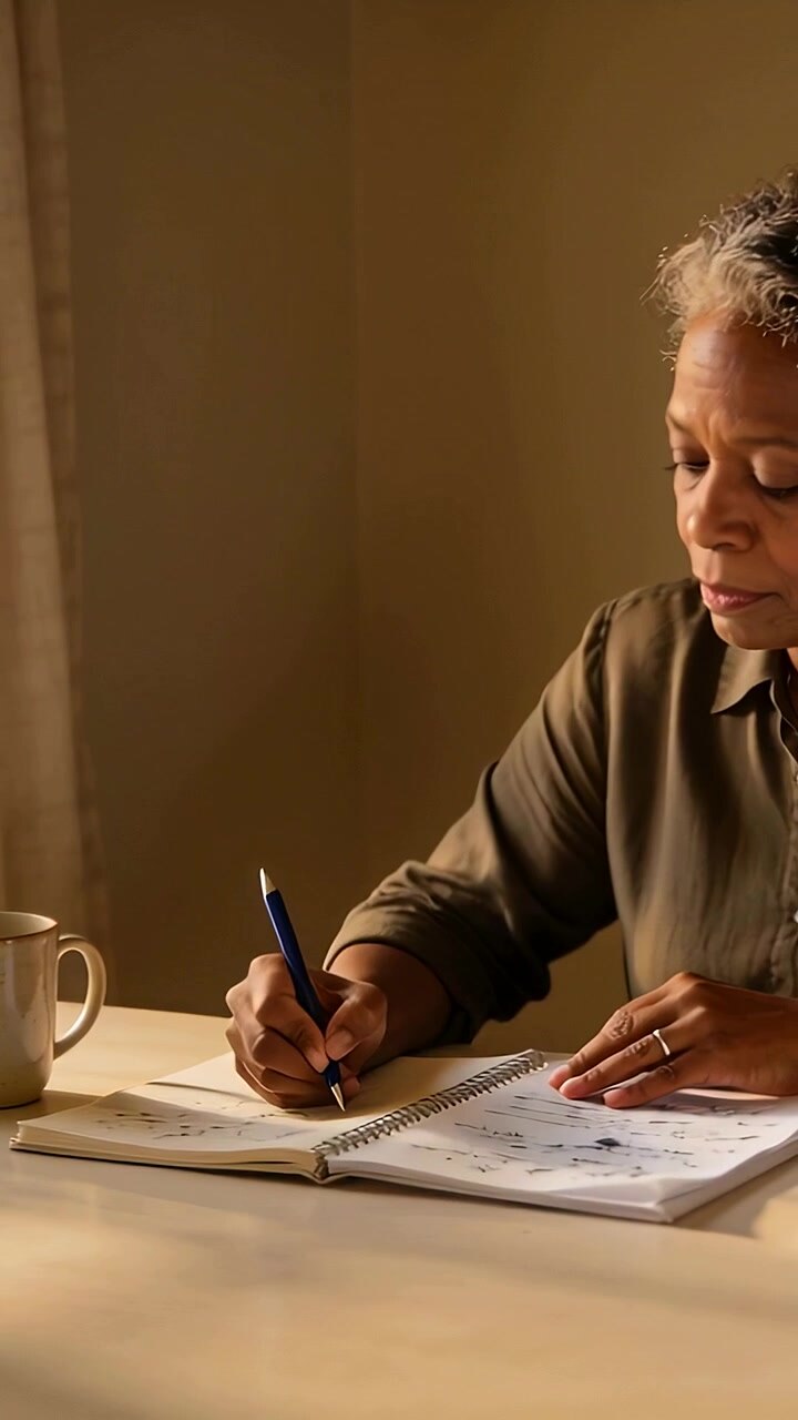 Vertical video: Checking watch lady at home in olive top planning notebook with blue pen