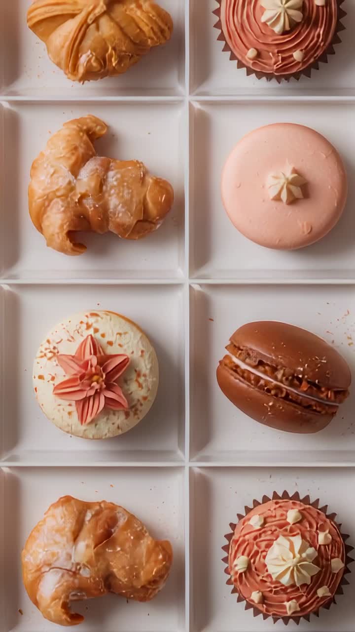 Vertical video: Panning camera revealing white divided tray of pastries on table, showing textures