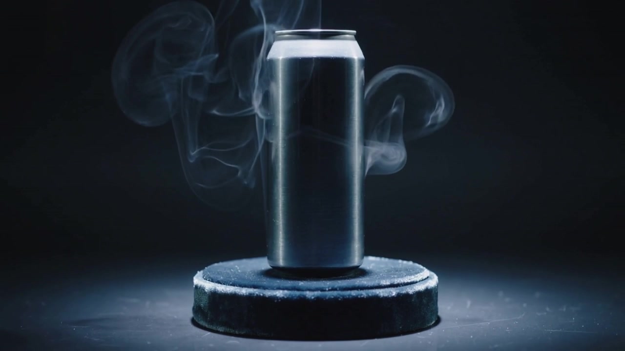 Releasing cold vapor, slim metal can standing on frosted stand in studio, with vertical highlights