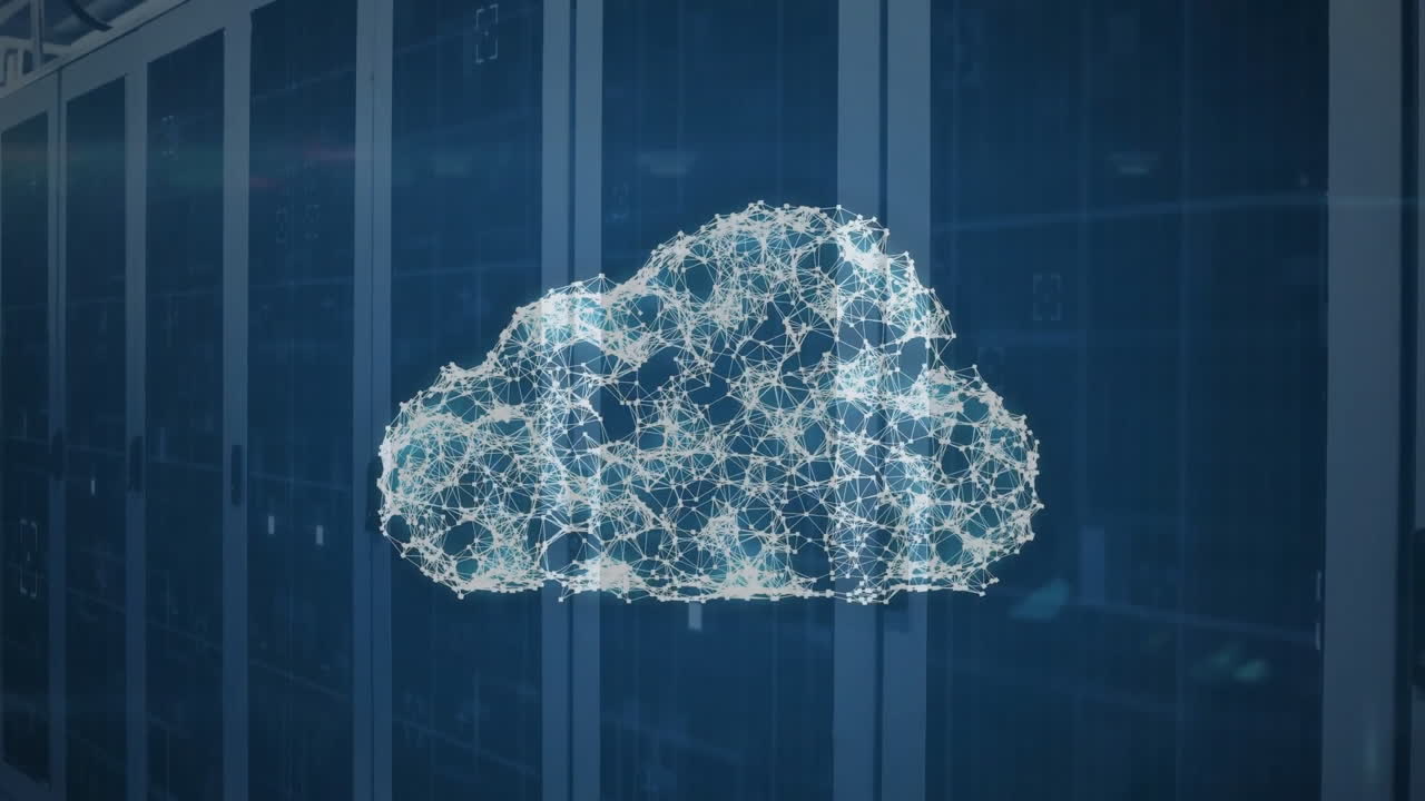 animación del icono de la nube con rastros de luz sobre la sala del servidor