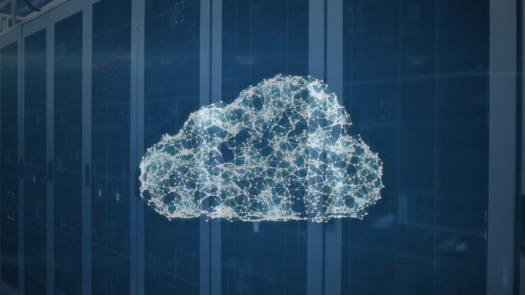 Animation of cloud icon with light trails over server room
