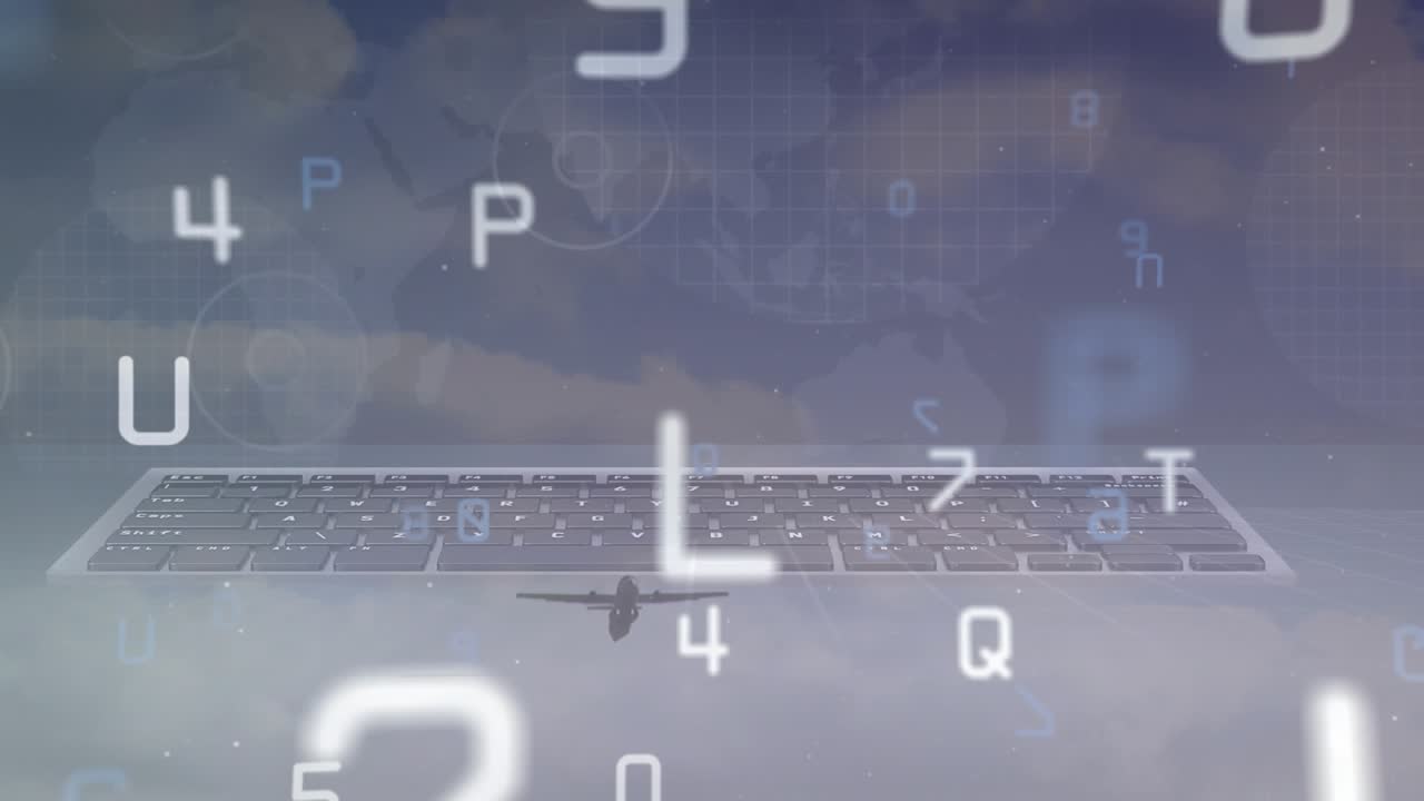 Animation af tal og alfabeter, et tastatur over et flyvende fly mod en skyet himmel.
