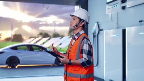 side view of asian male engineer with safety helmet taking note on the tablet and looking around while standing with home energy storage system in a modern garage