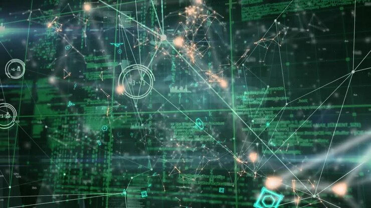 Animation of network of connections and data processing, on black