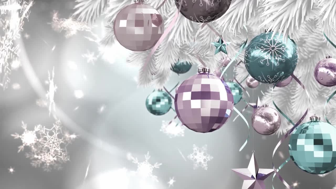 animación digital de adornos navideños y decoraciones de estrellas colgando en el árbol de navidad
