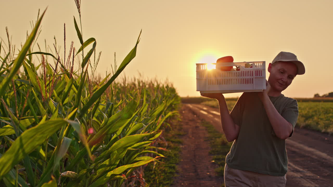 agricultor llevando una canasta de productos al atardecer en el campo de maíz