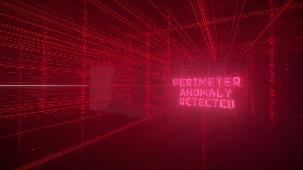 Pulsing alarm panel reading PERIMETER ANOMALY DETECTED after alert inside laser tunnel, scan moving