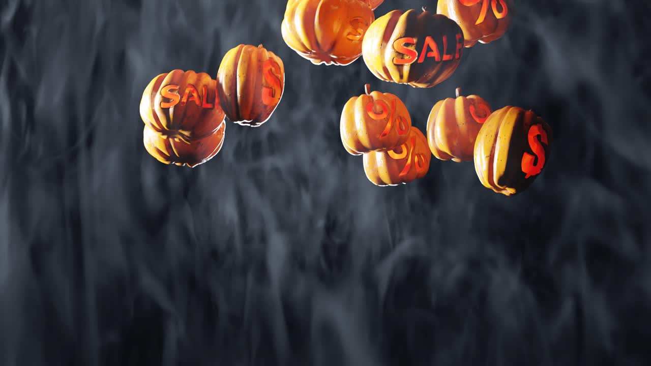 fondo de venta de halloween con calabazas cayendo en el fondo de humo