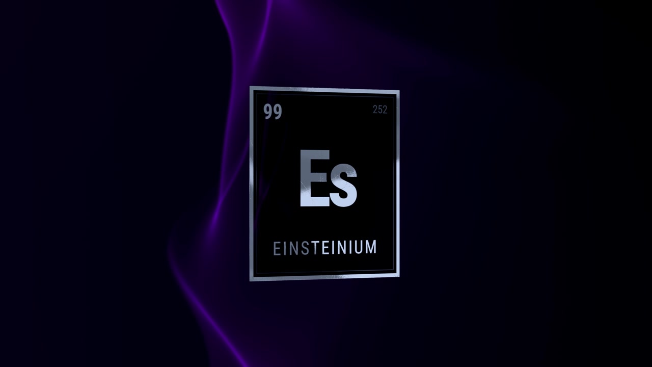 Casella della tavola periodica dell'elemento Einsteinio su sfondo viola scuro.