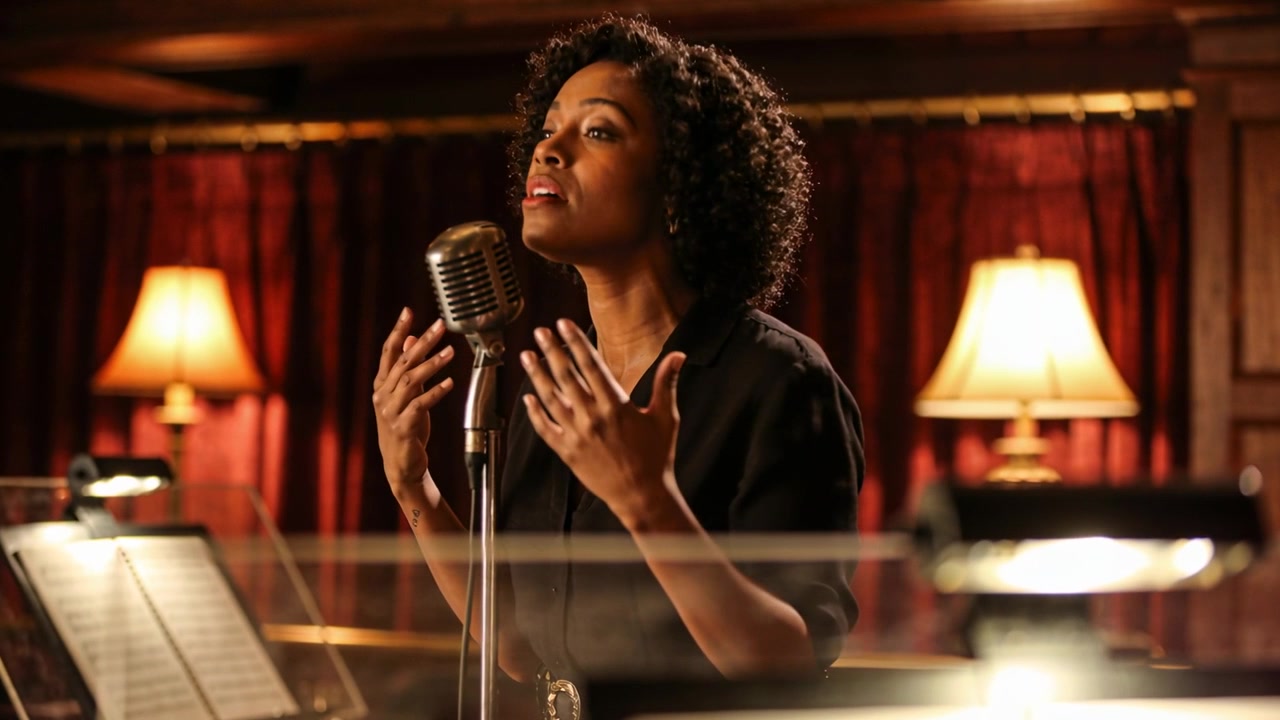 Cantante in camicetta scura che canta a tempo, proiettando una frase per la registrazione in una sala con microfono vintage.