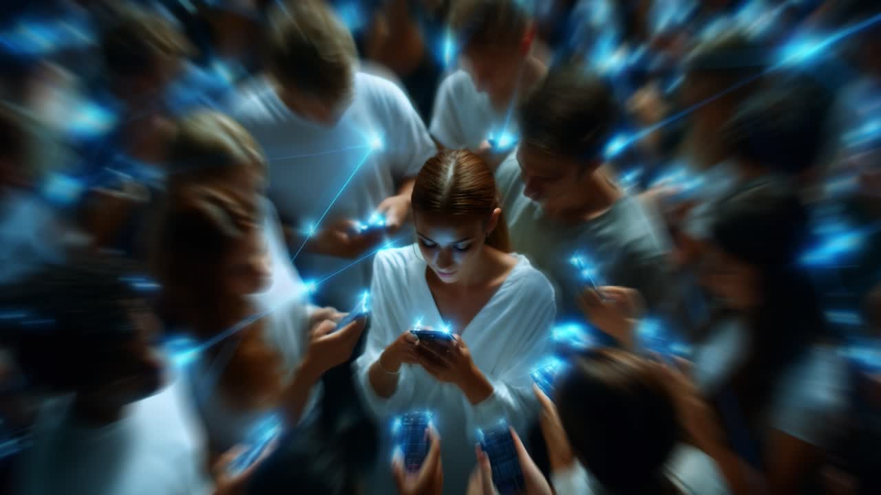 A solitary figure in a crowd engrossed in her smartphone, surrounded by a blurred multitude of people similarly engaged, illustrating the profound impact of technology on human connection and interaction