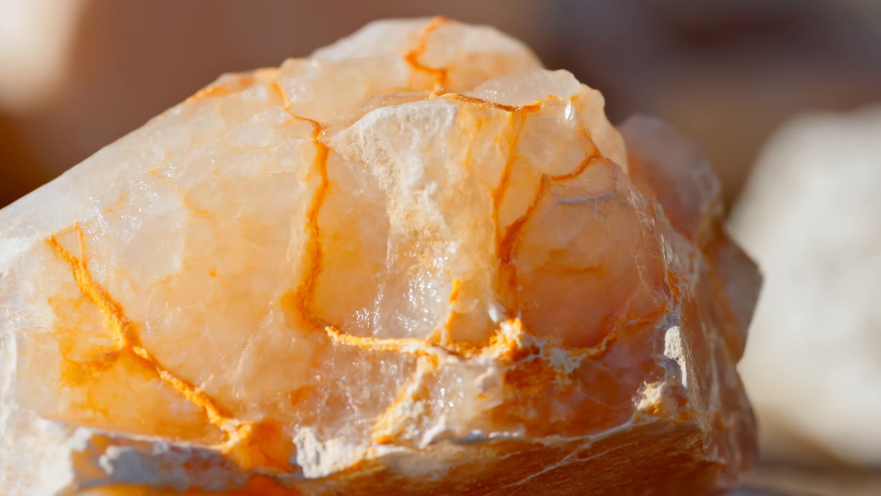 Close Up Orange Calcite Crystal Warm Light Revealing Intricate Veins And Translucent Surfaces, Sunlit Shimmer