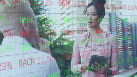 animation of financial data processing over diverse business people in office