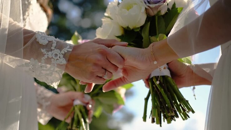 Reaching left hand, two brides clasping during garden wedding vows, lace sleeve, bouquets and rings