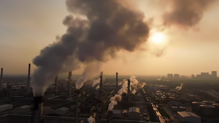 Aerial View of Industrial Area Emitting Smoke Under Sunset Sky, Showcasing the Impact of Manufacturing on Environment and Air Quality Amidst Urban Development