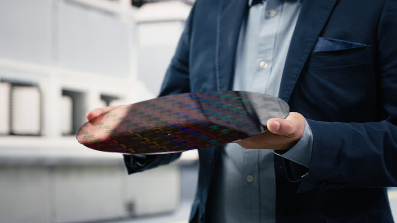 Professionista che tiene un wafer di silicio con circuiti integrati