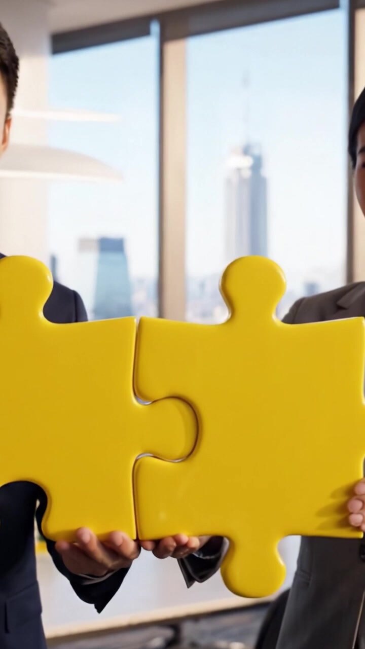 Professionisti collaborativi impegnati nella risoluzione innovativa di problemi con pezzi di puzzle in un moderno ambiente d'ufficio con vista sullo skyline della città