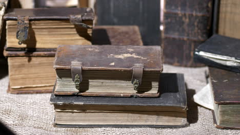 old antique books of law in slow camera pan shot