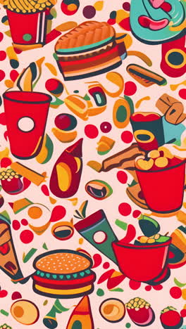 colorful fast food pattern featuring burgers, fries, and various snacks