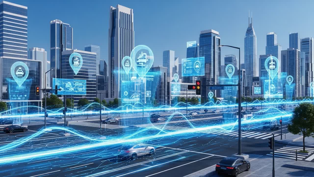 Futuristic Cityscape with Digital Overlays: An Exploration of Smart Transportation and Urban Connectivity in a High-Tech Environment