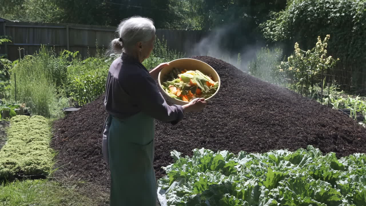 An elderly woman adds food scraps to a steaming compost pile in her garden