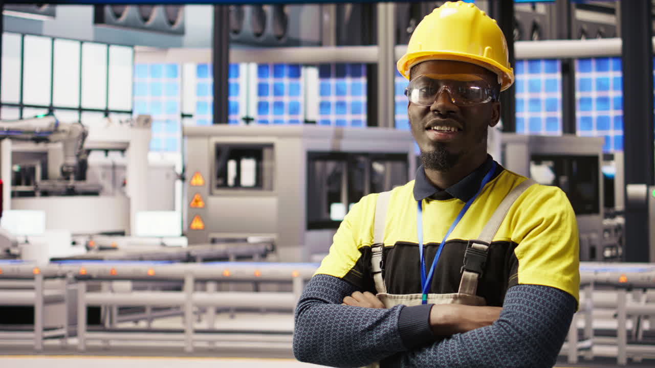 Vertical video Portrait of technician overseeing solar panel production lines equipment