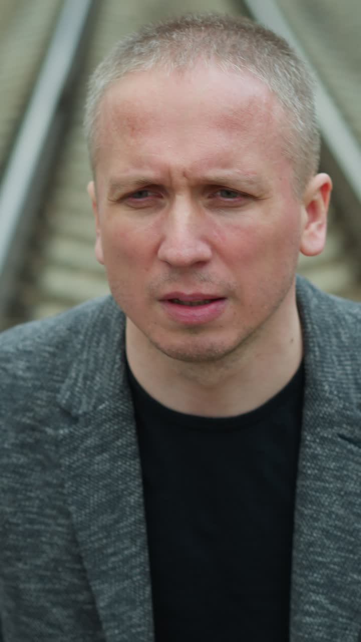 una vista cercana de un hombre blanco envejecido con un traje gris y una camisa polo negra, caminando por un ferrocarril con piedras, con la visión borrosa de árboles y postes eléctricos a cada lado