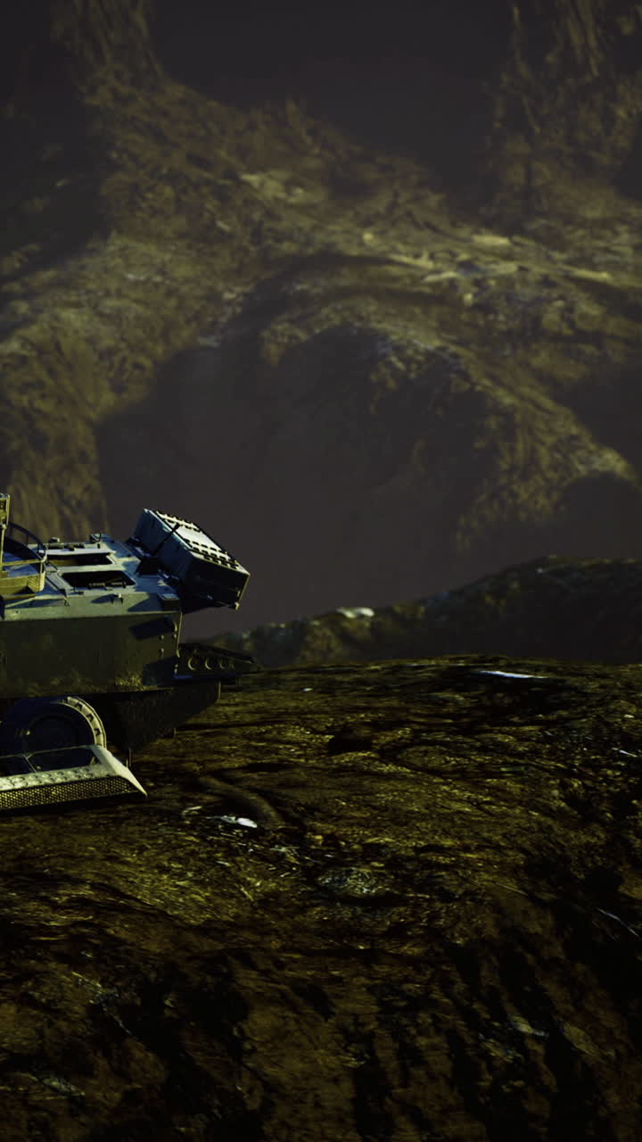 Exploration vehicle navigates rugged terrain deep in an alien landscape