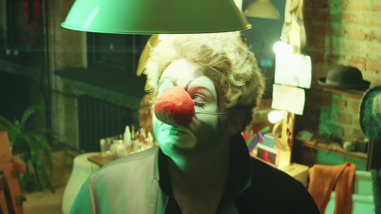 payaso realizando una comedia con una lámpara colgante por encima de la cabeza