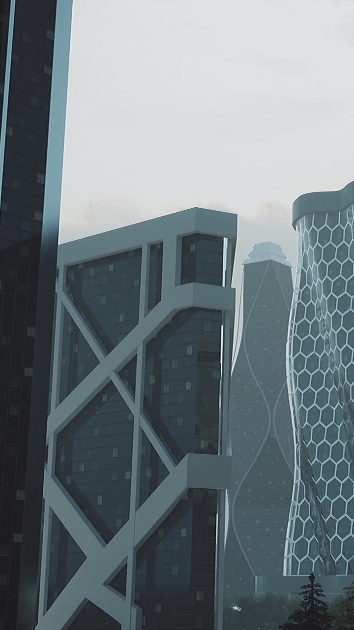 Edificios modernos en un paisaje urbano durante un día nublado con estructuras distantes.