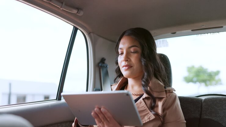 Donna d'affari con tablet in auto