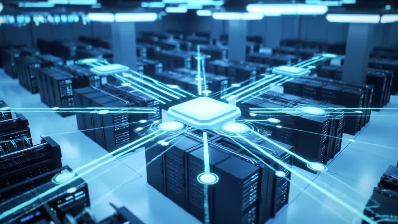 An Intricate Overview of a High-Tech Data Center Featuring Advanced Networking Technology and Modern Server Architecture with Dynamic Connections