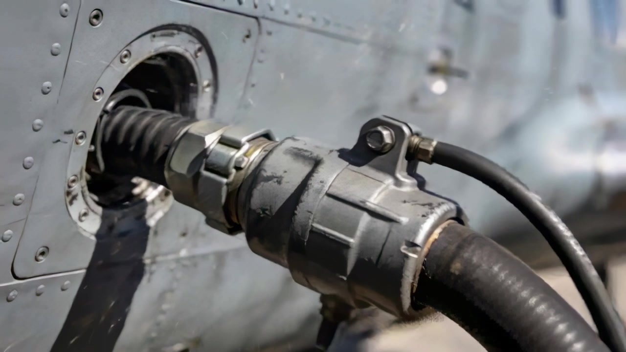 Starting refuel, fuel tech pushing and seating coupling and flexible hose into fuel inlet on ramp