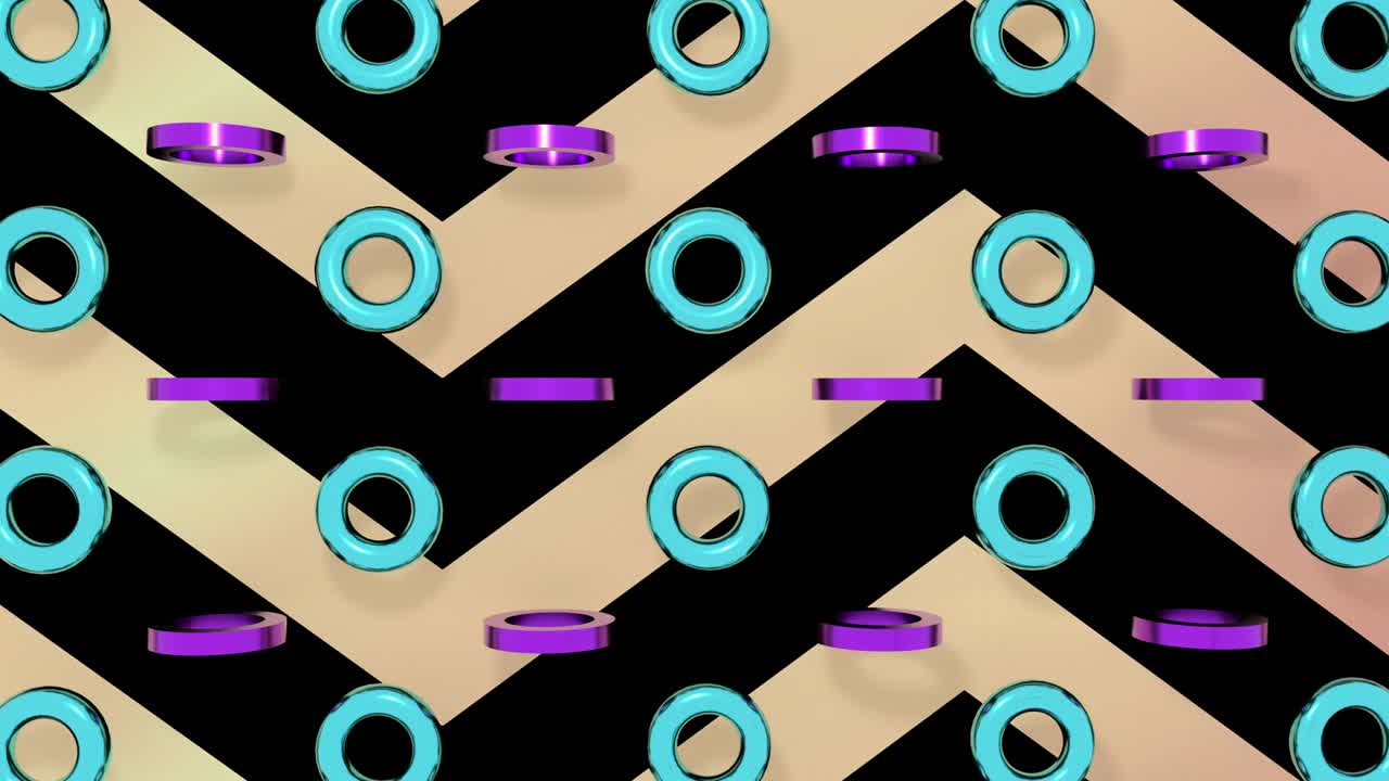 círculos de metal turquesa y púrpura girando en líneas de oro rosa de fondo. animación de bucle sin costuras 4k 3d.