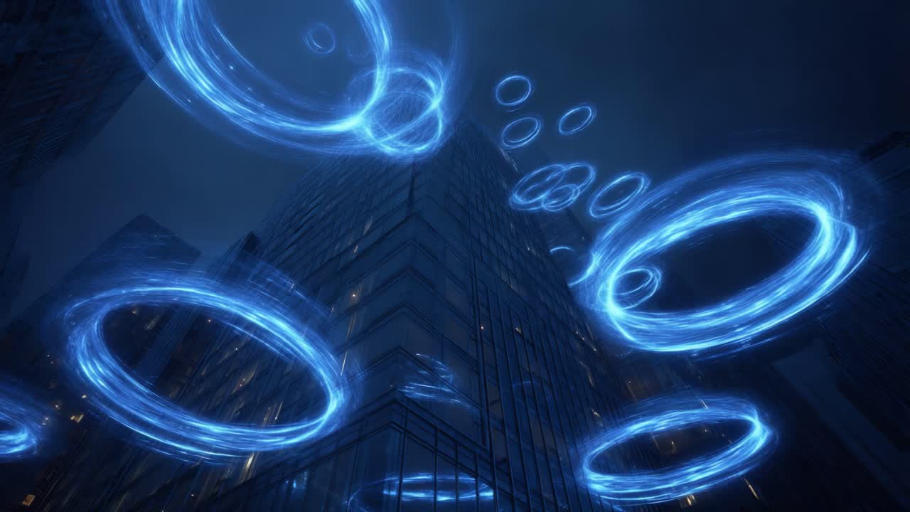 A Stunning Digital Display of Suspended Blue Light Orbs Glowing in the Night Sky Above a Futuristic Urban Landscape, Enveloping Skyscrapers with a Mystical Vibe and Awe-Inspiring Atmosphere
