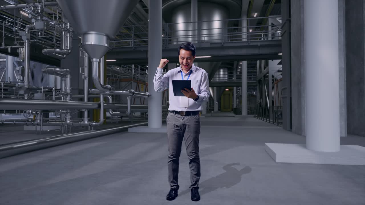Full Body Of An Asian Male Professional Worker Standing With His Tablet in Distillery Interior with Large Fermentation Tanks, He Raises His Fist Up With Screaming Goal After Typed On The Tablet