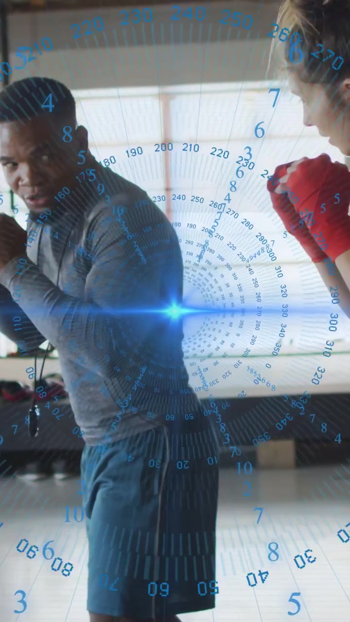 Vertical video: Trainee starting punches at coach, red wraps, HUD counting reps, coach boxing