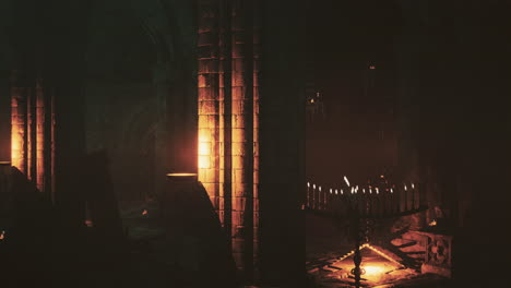 una oscura y misteriosa sala de piedra medieval con velas encendidas