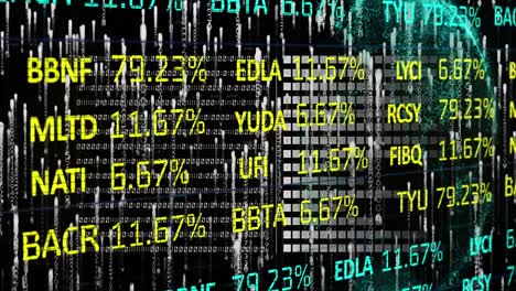 Animación-De-La-Interfaz-De-Acciones-Financieras,-Sobre-Senderos-De-Luz-Blanca-Que-Caen-Y-Procesamiento-De-Datos