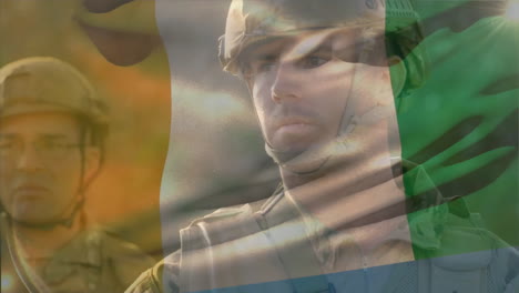 animation of flag of ivory coast over caucasian male soldiers standing in forest