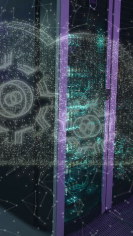 icono de nube y red de conexiones flotando contra la sala de servidores de computadoras