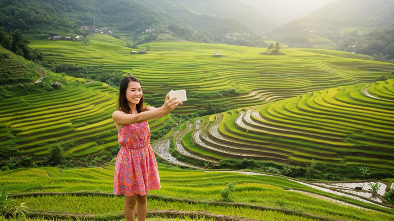 A young woman captures a vibrant selfie amidst breathtaking terraced rice fields, showcasing the stunning landscape and her joyful spirit in the golden hours of the day